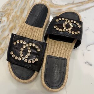 CHANEL Black Leather Slide Sandals with Crystal CC Logos